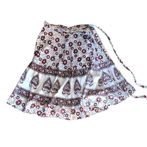 VTG India Cotton Off White Red Floral Block Print Midi Wrap Skirt *XS- Med - Picture 2 of 16